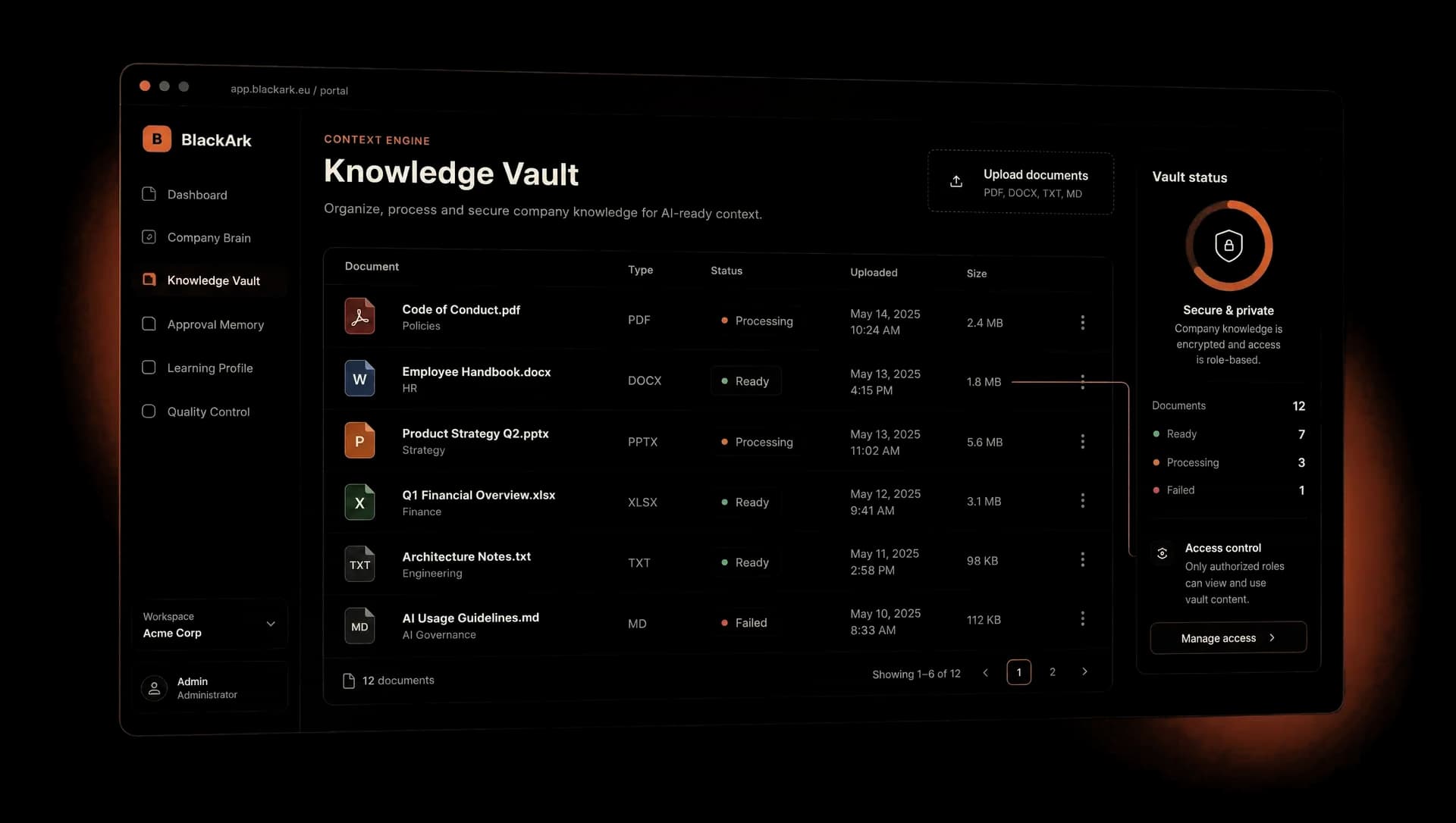 Exemplu de interfață Knowledge Vault cu documente, starea procesării și controlul accesului