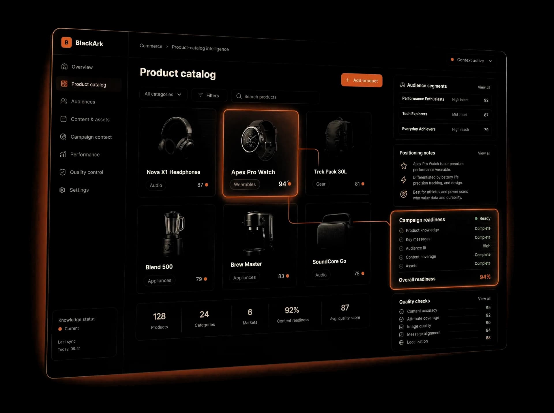 Interfață BlackArk pentru branduri, cu catalog de produse, audiențe și verificări de calitate